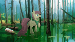 Size: 2549x1434 | Tagged: safe, artist:fuzzyfox11, imported from derpibooru, oc, oc only, bandana, forest, raised hoof, solo, swamp