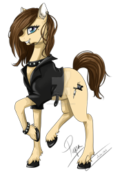 Size: 1024x1448 | Tagged: safe, artist:aryabehsk, artist:erunekochan, imported from derpibooru, oc, oc only, oc:pupa, choker, clothes, earring, jacket, leather jacket, lip piercing, piercing, solo, spiked choker, spiked wristband
