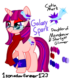 Size: 1082x1204 | Tagged: safe, artist:1sonadowforever123, imported from derpibooru, oc, oc only, oc:galaxy spark, clothes, glasses, magical lesbian spawn, offspring, parent:moondancer, parent:starlight glimmer, scarf, solo