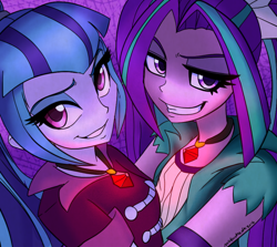 Size: 600x535 | Tagged: safe, artist:wubcakeva, imported from derpibooru, aria blaze, sonata dusk, equestria girls, bedroom eyes, clothes, duo, female, looking at you, necklace, rapeface, shirt, smirk