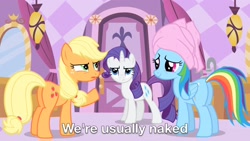 Size: 2208x1242 | Tagged: safe, edit, edited screencap, imported from derpibooru, screencap, applejack, rainbow dash, rarity, earth pony, pegasus, pony, unicorn, season 1, the best night ever, butt, caption, female, mare, nothing at all, out of context, plot, towel, we don't normally wear clothes