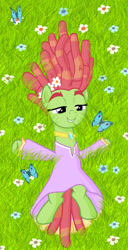 Size: 640x1248 | Tagged: safe, artist:viktor-tyt, imported from derpibooru, tree hugger, butterfly, female, grass, solo, spread out hair
