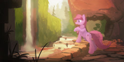 Size: 2650x1325 | Tagged: safe, artist:fuzzyfox11, imported from derpibooru, berry punch, berryshine, female, forest, river, solo, waterfall