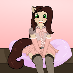 Size: 1100x1100 | Tagged: safe, artist:pony_prints<3, imported from derpibooru, oc, oc only, anthro, belt, blushing, clothes, cute, female, long hair, pleated skirt, skirt, socks, solo, stockings, thigh highs, zettai ryouiki