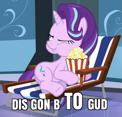 Size: 679x646 | Tagged: safe, imported from derpibooru, screencap, starlight glimmer, the crystalling, aweeg*, caption, dis gon b gud, eating, faic, female, food, image macro, meme, popcorn, reaction image, solo, text