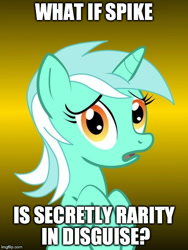 Size: 450x600 | Tagged: safe, imported from derpibooru, lyra heartstrings, conspiracy lyra, disguise, exploitable meme, implied rarity, implied spike, meme