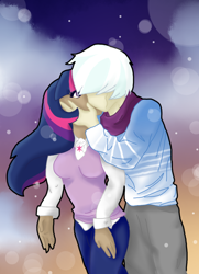 Size: 720x992 | Tagged: safe, artist:h0mi3, imported from derpibooru, double diamond, twilight sparkle, human, blushing, clothes, crack shipping, cute, dark skin, diamondlight, female, humanized, kissing, male, scarf, shipping, shoujo bubbles, straight