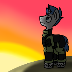 Size: 1280x1280 | Tagged: safe, artist:coatieyay, imported from derpibooru, oc, oc only, pony, unicorn, armor, body armor, soldier, solo, sunset, unshorn fetlocks