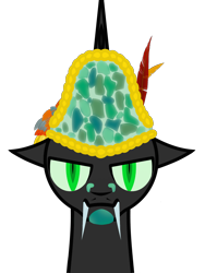 Size: 1200x1600 | Tagged: safe, artist:thehuskylord, imported from derpibooru, oc, oc only, changeling, aztec, bust, crown, emperor, fangs, headdress, jade, montezuma, quadrupedal, solo