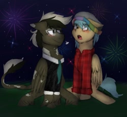 Size: 927x862 | Tagged: safe, artist:thelondonjamjar, imported from derpibooru, oc, oc only, oc:ink, oc:quill, blushing, clothes, fireworks, night