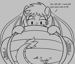 Size: 1280x1097 | Tagged: safe, artist:zeldafan777, imported from derpibooru, oc, oc only, oc:emilia 'emmy' emberseed, dracony, hybrid, adorafatty, belly, belly button, cute, fat, female, monochrome, solo, stomach noise, stuffed