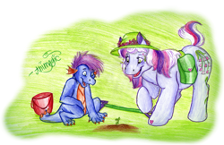 Size: 2247x1459 | Tagged: safe, artist:animagicworld, imported from derpibooru, master kenbroath gilspotten heathspike, spike, wysteria, bucket, g3, hat, saddle bag, shovel, sprout, traditional art