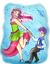 Size: 1616x2047 | Tagged: safe, artist:animagicworld, imported from derpibooru, master kenbroath gilspotten heathspike, spike, wysteria, human, clothes, dancing, dress, g3, humanized, shoes, skirt, traditional art