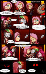 Size: 1024x1638 | Tagged: safe, artist:fj-c, imported from derpibooru, fluttershy, pinkie pie, rainbow dash, equestria girls, belly button, clothes, comic, dialogue, fantasy equestria, midriff, scar