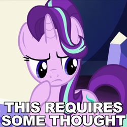 Size: 500x500 | Tagged: safe, edit, edited screencap, imported from derpibooru, screencap, starlight glimmer, the crystalling, caption, female, image macro, looking down, meme, raised hoof, reaction image, solo, thinking