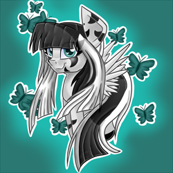 Size: 4000x4000 | Tagged: safe, artist:partylikeanartist, imported from derpibooru, oc, oc only, oc:laura the zony, butterfly, pegasus, pony, female, gradient background, solo, speedpaint