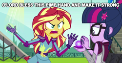 Size: 2088x1075 | Tagged: safe, imported from derpibooru, screencap, sci-twi, sunset shimmer, twilight sparkle, equestria girls, friendship games, female, pimp hand, text