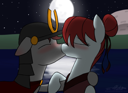 Size: 1280x938 | Tagged: safe, artist:estrill, imported from derpibooru, oc, oc only, female, japan, kissing, lake, male, moon, ponified, samurai, straight