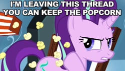 Size: 800x450 | Tagged: safe, imported from derpibooru, screencap, starlight glimmer, the crystalling, abandon thread, angry, caption, female, food, image macro, looking back, meme, popcorn, reaction image, solo, thread, throwing