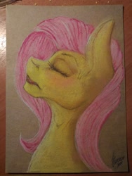 Size: 1620x2160 | Tagged: safe, artist:stirren, imported from derpibooru, fluttershy, pony, bust, eyes closed, female, lipstick, pastel, pastels (medium), solo, traditional art