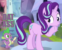 Size: 750x600 | Tagged: safe, edit, edited screencap, imported from derpibooru, screencap, spike, starlight glimmer, dragon, pony, unicorn, the crystalling, caption, dat ass, dat butt, duckface, female, image macro, male, meme, open mouth, raised hoof, scroll, shipping, sparlight, stare, straight, the ass was fat