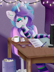 Size: 1024x1365 | Tagged: safe, artist:pvrii, artist:silent-shadow-wolf, imported from derpibooru, oc, oc only, oc:rave point, anthro, computer, glasses, sheet music, solo