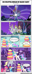 Size: 2032x4596 | Tagged: safe, artist:j-bronyind, imported from derpibooru, derpy hooves, pinkie pie, princess celestia, rainbow dash, pegasus, pony, do princesses dream of magic sheep, ..., cake, cakelestia, canterlot, comic, female, food, mare, marzipan mascarpone meringue madness, twilight's castle