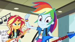 Size: 1280x720 | Tagged: safe, imported from derpibooru, screencap, rainbow dash, sunset shimmer, equestria girls, friendship games, female, guitar, lidded eyes