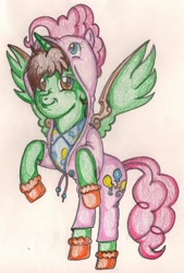 Size: 893x1323 | Tagged: safe, artist:thegloriesbigj, imported from derpibooru, pinkie pie, oc, oc:frost d. tart, alicorn, pony, alicorn oc, clothes, pajamas, request, robe, traditional art