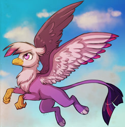 Size: 1083x1100 | Tagged: safe, artist:howlingvoice, imported from derpibooru, twilight sparkle, griffon, fanfic art, female, flying, griffonized, my little griffon, solo, species swap, twilight sparkle (alicorn)