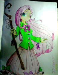 Size: 1371x1766 | Tagged: safe, artist:fantasygerard2000, imported from derpibooru, fluttershy, equestria girls, cute, female, shyabetes, solo, staff, touhou, traditional art, urban legend