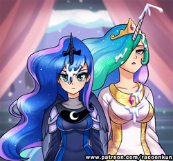 Size: 600x560 | Tagged: safe, artist:racoonsan, imported from derpibooru, princess celestia, princess luna, human, the crystalling, armor, clothes, female, hair over one eye, horned humanization, humanized, not cum, not what it looks like, open mouth, out of context, patreon, royal sisters, scene interpretation, snow, snowfall, winged humanization