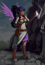 Size: 830x1200 | Tagged: safe, artist:lexx2dot0, imported from derpibooru, spike, twilight sparkle, human, book, boots, clothes, eared humanization, ethereal wings, gloves, horned humanization, humanized, magic, statue, tunic, twilight sparkle (alicorn)