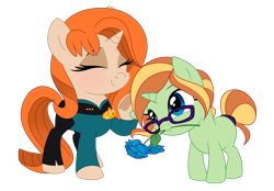 Size: 1929x1340 | Tagged: safe, artist:pepooni, imported from derpibooru, oc, oc only, pony, unicorn, beverly crusher, chibi, flower, flower in mouth, mouth hold, simple background, star trek, star trek: the next generation, transparent background