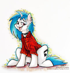 Size: 600x621 | Tagged: safe, artist:spainfischer, imported from derpibooru, dj pon-3, vinyl scratch, background pony, clothes, collar, dreamworks face, female, open mouth, red eyes, signature, sitting, solo, wrong eye color