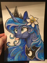 Size: 2034x2691 | Tagged: safe, artist:dvixie, deleted from derpibooru, imported from derpibooru, princess luna, pony, cute, flower, flower in hair, lunabetes, modified accessory, photo, silly, silly pony, solo, tongue out, traditional art