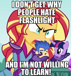 Size: 365x390 | Tagged: safe, edit, edited screencap, imported from derpibooru, screencap, flash sentry, sunset shimmer, twilight sparkle, equestria girls, friendship games, caption, exploitable meme, female, flashface, flashlight, human flash sentry x pony twilight, image macro, interspecies, male, meme, shipper on deck, shipping, straight, sunset is not willing to learn, sunset shipper