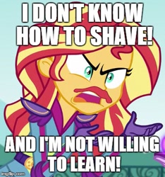 Size: 365x390 | Tagged: safe, edit, edited screencap, imported from derpibooru, screencap, sunset shimmer, equestria girls, friendship games, caption, exploitable meme, funny, image macro, meme, moustache, sunset is not willing to learn