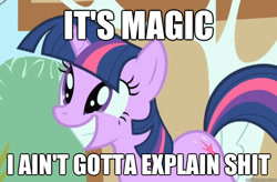 Size: 625x409 | Tagged: safe, edit, edited screencap, imported from derpibooru, screencap, twilight sparkle, pony, the cutie mark chronicles, caption, female, grin, image macro, it's magic, meme, smiling, solo, squee, vulgar