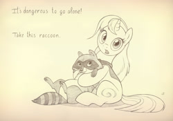 Size: 1400x979 | Tagged: safe, artist:sherwoodwhisper, imported from derpibooru, oc, oc only, oc:eri, pony, raccoon, unicorn, cape, clothes, dialogue, it's dangerous to go alone, monochrome, the legend of zelda, traditional art