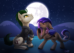 Size: 1280x915 | Tagged: safe, artist:skjolty, imported from derpibooru, oc, oc only, oc:cogito, oc:evening howler, clothes, duo, eyes closed, mare in the moon, moon, night, singing, stars