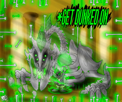 Size: 1200x1000 | Tagged: safe, artist:sanyo2100, imported from derpibooru, spike, bone, get dunked on, megalovania, sans (undertale), spoilers for another series, undertale