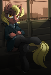Size: 2500x3706 | Tagged: safe, artist:dimfann, imported from derpibooru, oc, oc only, earth pony, pony, bipedal, clothes, crossed legs, dress, horseshoes, looking at you, skirt, socks, solo, stockings, thigh highs, train