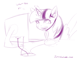 Size: 2000x1500 | Tagged: safe, artist:jakashi, imported from derpibooru, twilight sparkle, alicorn, pony, angry, computer, female, monochrome, solo, twilight sparkle (alicorn), video game