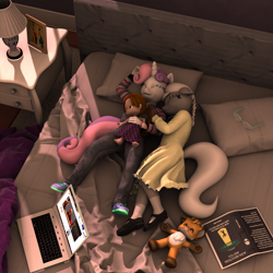 Size: 3000x3000 | Tagged: safe, artist:tahublade7, imported from derpibooru, silver spoon, sweetie belle, anthro, plantigrade anthro, 3d, clothes, computer, cute, daz studio, dress, female, laptop computer, lesbian, mary janes, overalls, shipping, shoes, silverbelle, silverbetes, sleeping, snuggling
