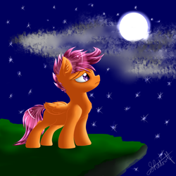 Size: 1280x1280 | Tagged: safe, artist:php48, deleted from derpibooru, imported from derpibooru, scootaloo, chest fluff, ear fluff, moon, night, solo, stars