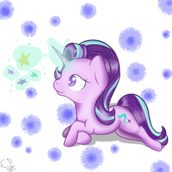 Size: 1024x1024 | Tagged: safe, artist:everdale, imported from derpibooru, starlight glimmer, female, lying, lying down, magic, prone, solo, stars