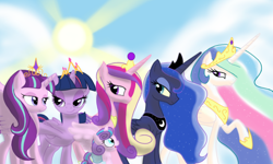 Size: 2000x1200 | Tagged: safe, artist:theroyalprincesses, imported from derpibooru, princess cadance, princess celestia, princess flurry heart, princess luna, starlight glimmer, twilight sparkle, alicorn, pony, the crystalling, alicorn pentarchy, alicornified, alternate hairstyle, baby, bedroom eyes, crown, diaper, group, jewelry, lidded eyes, open mouth, princess starlight glimmer, race swap, regalia, royal sisters, s5 starlight, starlicorn, sun, twilight sparkle (alicorn), xk-class end-of-the-world scenario