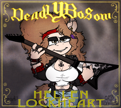 Size: 1280x1142 | Tagged: safe, artist:combel, imported from derpibooru, oc, oc only, oc:hellen lockheart, anthro, album cover, alternate hairstyle, bandana, belt, clothes, ear piercing, explicit source, flying v, guitar, jeans, leather jacket, necklace, pants, piercing, punk, ring, ripped jeans, rock (music), solo, t-shirt, younger