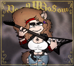 Size: 1280x1142 | Tagged: safe, artist:combel, imported from derpibooru, oc, oc only, oc:hellen lockheart, anthro, album cover, alternate hairstyle, bandana, belt, clothes, ear piercing, explicit source, flying v, guitar, jeans, leather jacket, necklace, pants, piercing, punk, ring, ripped jeans, rock (music), solo, t-shirt, younger